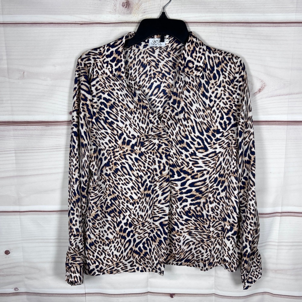 Anna Kay Blouse Women Small Blue Leopard Print Chiffon Long Sleeve V-Neck Office